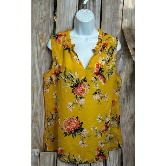 Rose + Olive Yellow Floral Blouse Sz Large Sleeveless Top Loose V-Neck - Picture 1 of 7